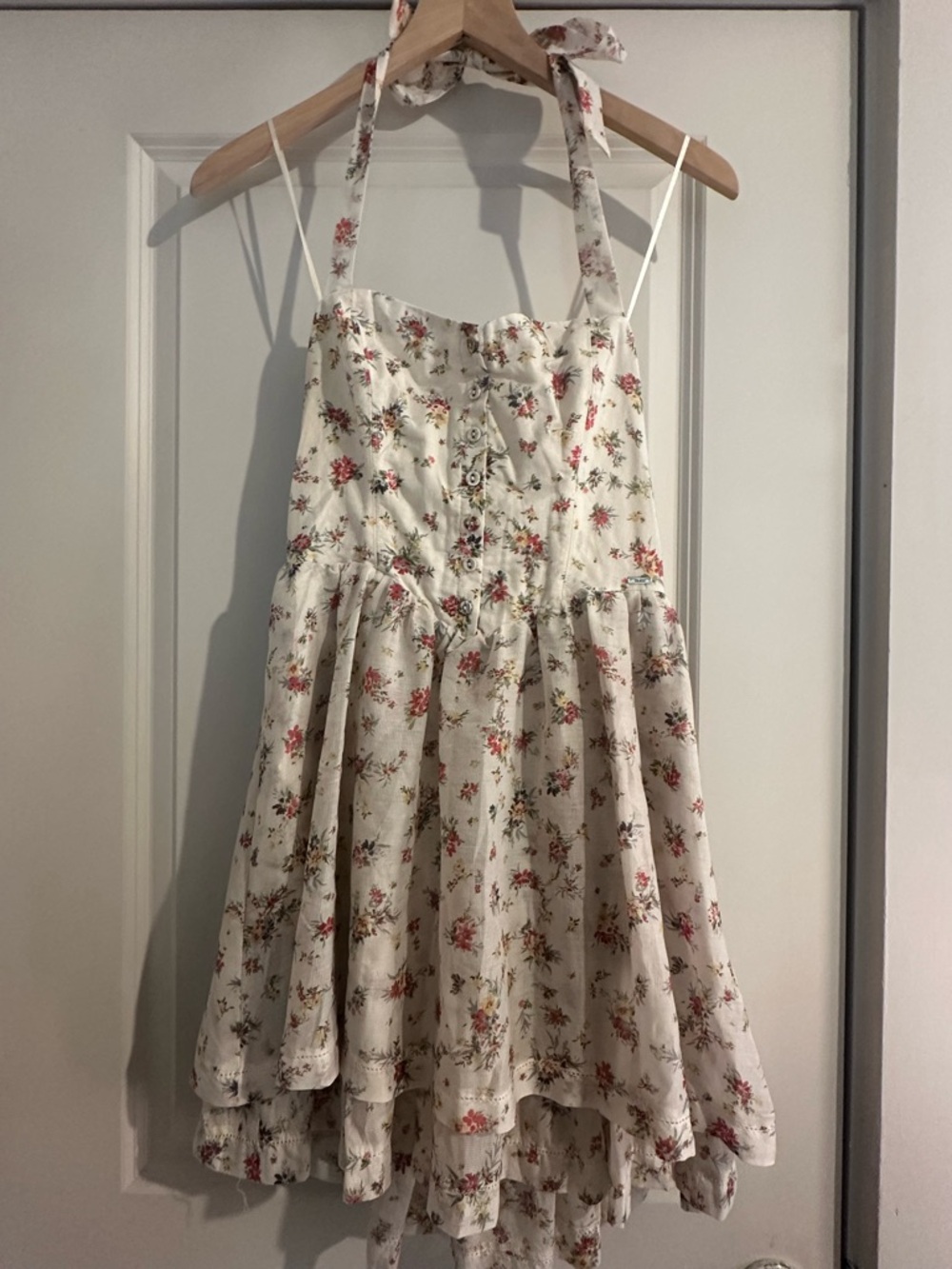 Vintage Guess Floral Halter Dress in Ivory with Red and Yellow Accents